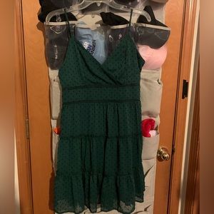 Green Woven Dot Tiered Dress